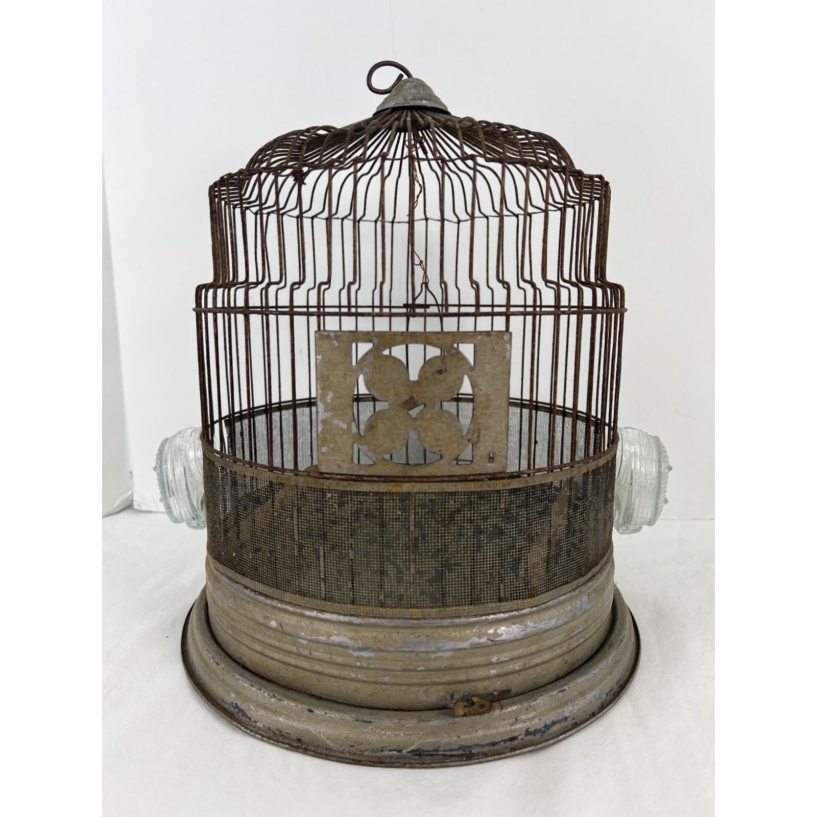 Antique Domed Hanging Bird Cage House Finch Canary Ribbed Glass Feed Dish Bowl