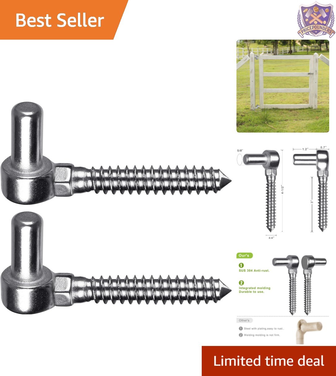 Stainless Steel Gate Hinge 5/8'' Lag Bolt Heavy Duty Wood Fence Post Mount