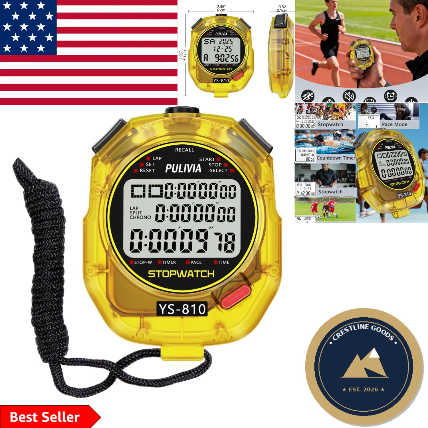 Durable Stopwatch with Countdown, Memory Functions & 3-Row Display for Sports