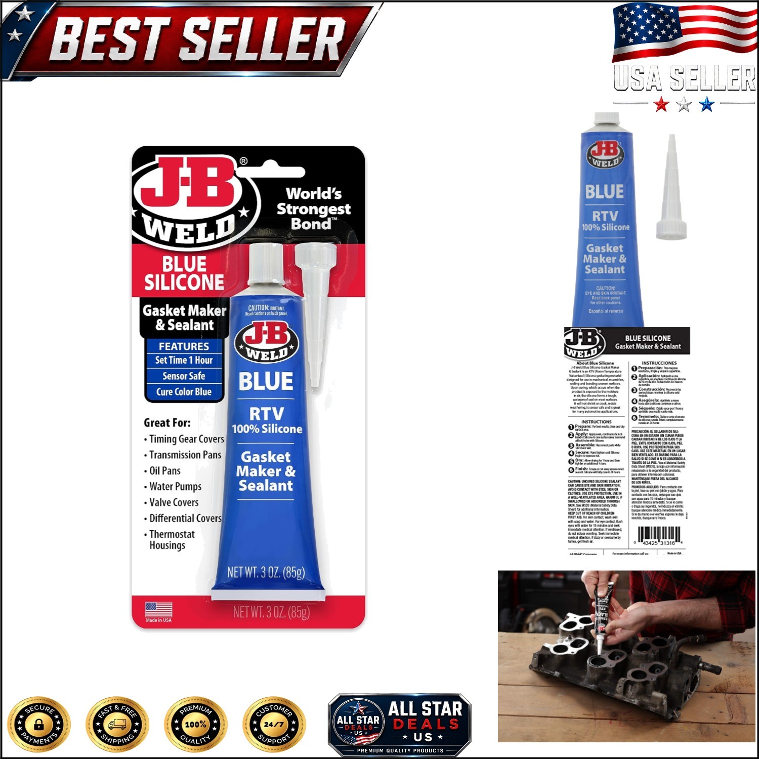 Blue RTV Silicone Sealant & Gasket Maker - 3 oz Easy Apply Waterproof Solution