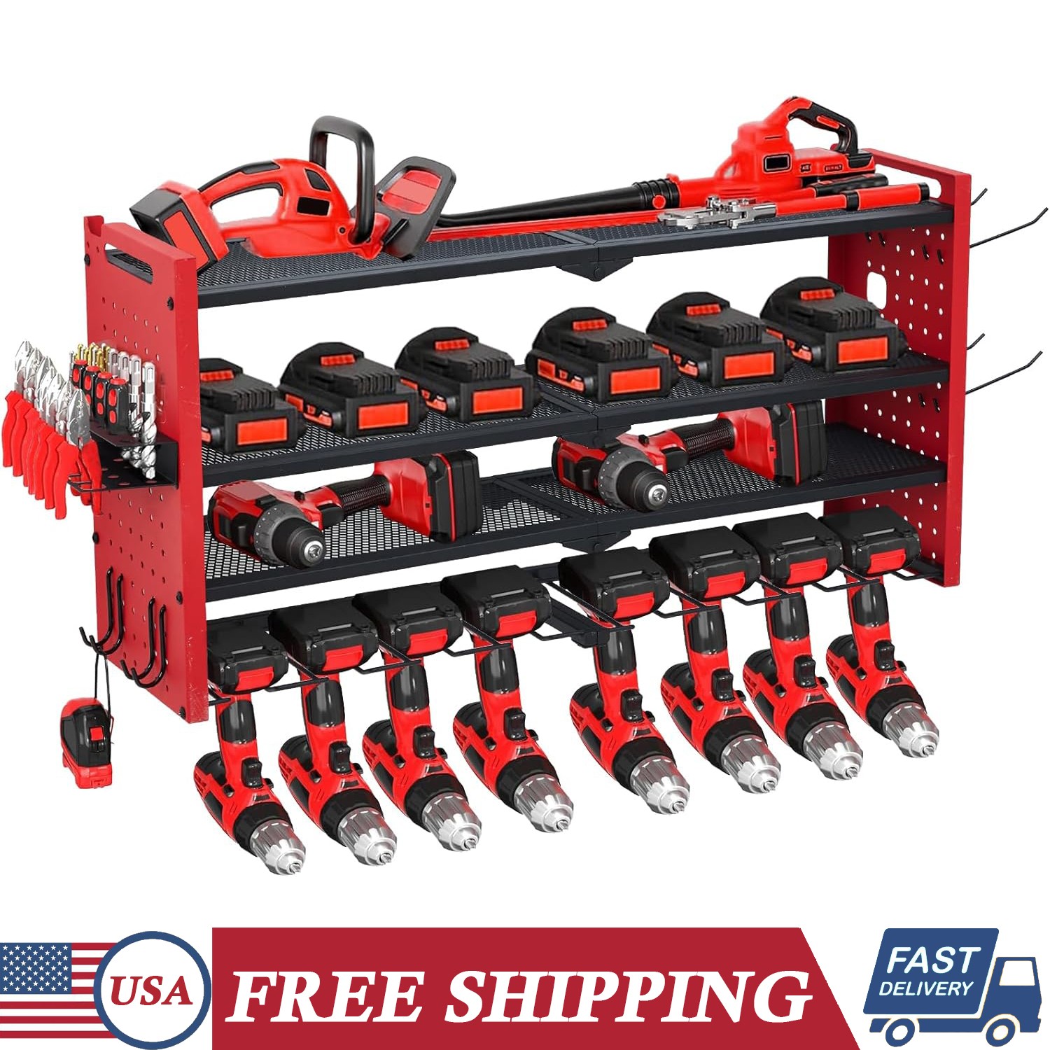 Pegboard Mounted Power Tool Organizer 4-Tier Drill Storage Rack w/ 8 Drill Slots