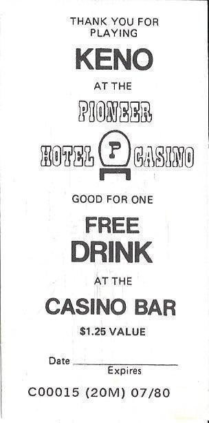 Pioneer Casino - Reno, NV - Vintage Paper Drink Coupon 1982, C00015 (20M) 07/80