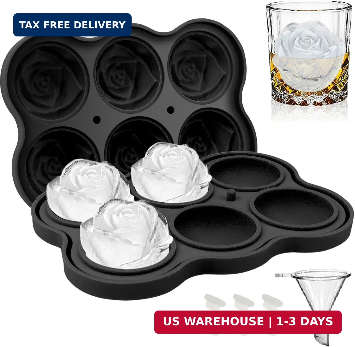 CAMKYDE Rose Ice Cube Tray 2 Inch [1 Mold + 1 Funnel + 6 Stoppers], 6 Cavity Sil