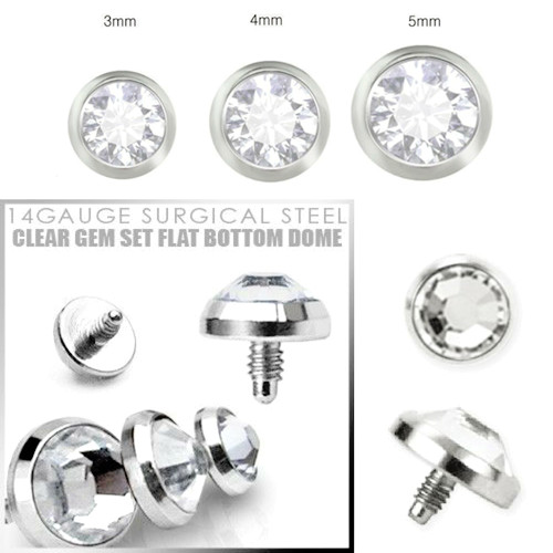 16G CLEAR FLAT CZ 3,4,5MM Flat STEEL DERMAL ANCHOR TOP HEAD internally threaded