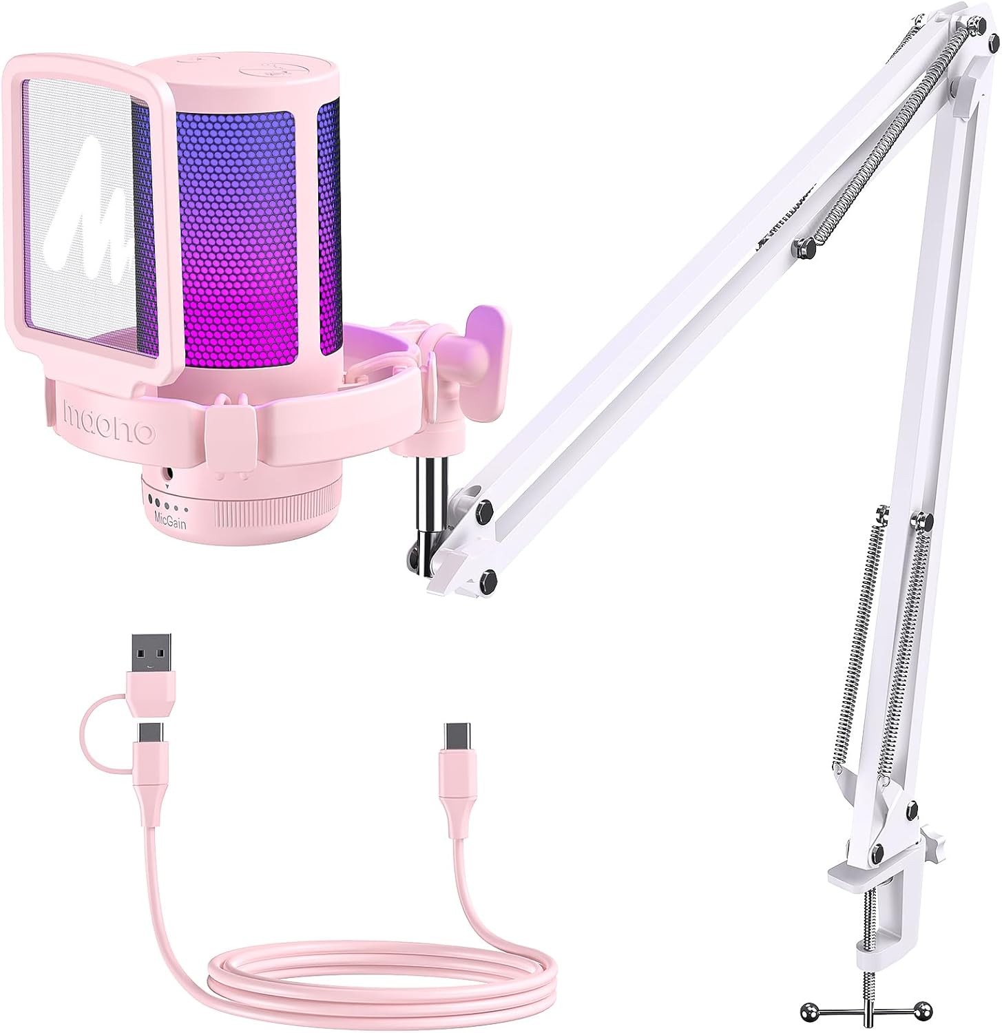 MAONO Gaming USB Microphone with Noise Cancellation, Streaming mic for Pink