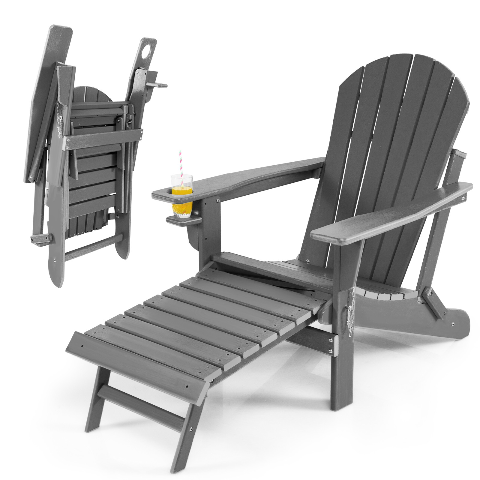 Patiojoy Patio Folding Adirondack Chair HDPE All-Weather Pull-Out Ottoman Grey