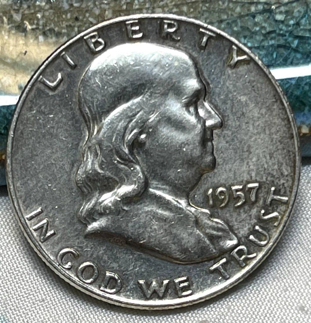 "HIGH GRADE"  1957-D FRANKLIN SILVER HALF DOLLAR  90% SILVER COIN POLISHED