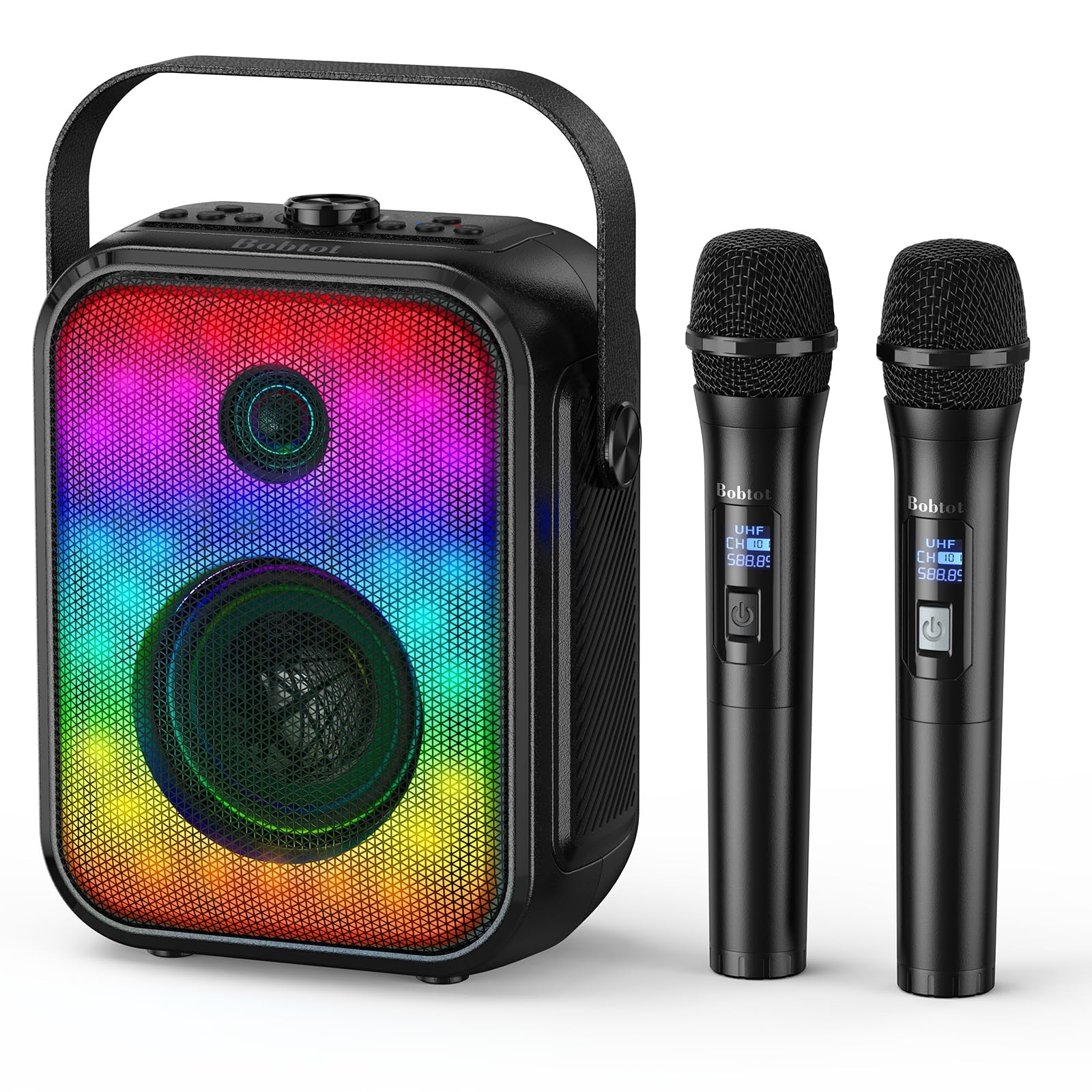 Portable Karaoke Machine with 2 Wireless Microphones, Bluetooth Speaker, LED, FM