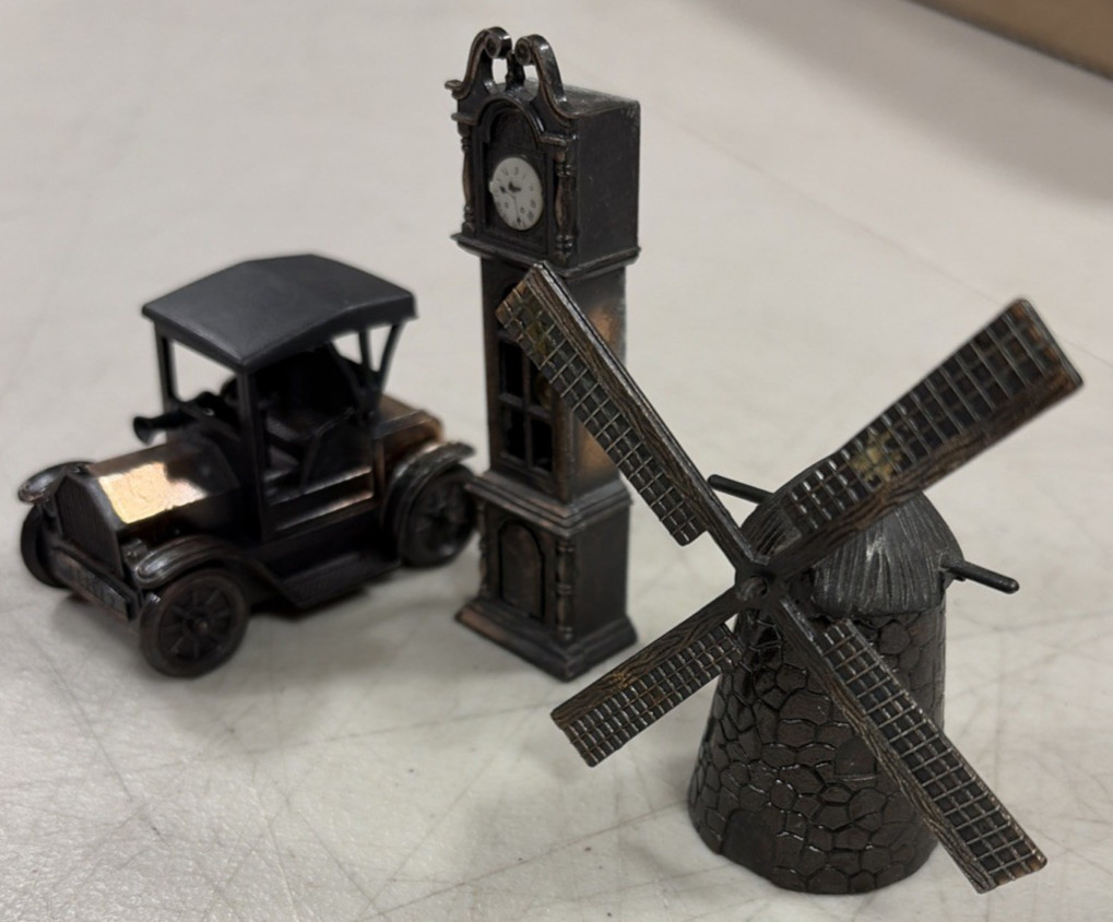 Lot Of 3 Vtg Die Cast Pencil Sharpeners Wind Mill, Grand Father Clock & 1917 Car
