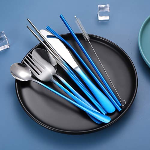 Travel Utensils,Reusable Silverware Set To Go Portable Gradient Blue + TeaSpoon