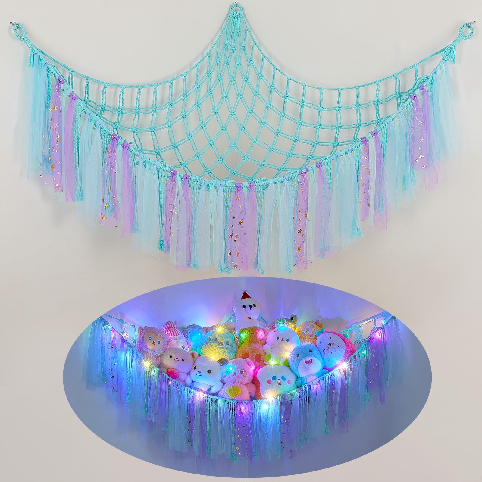 Stuffed Animal Net Hammock with LED Light for Nursery Kids’ Room Storage