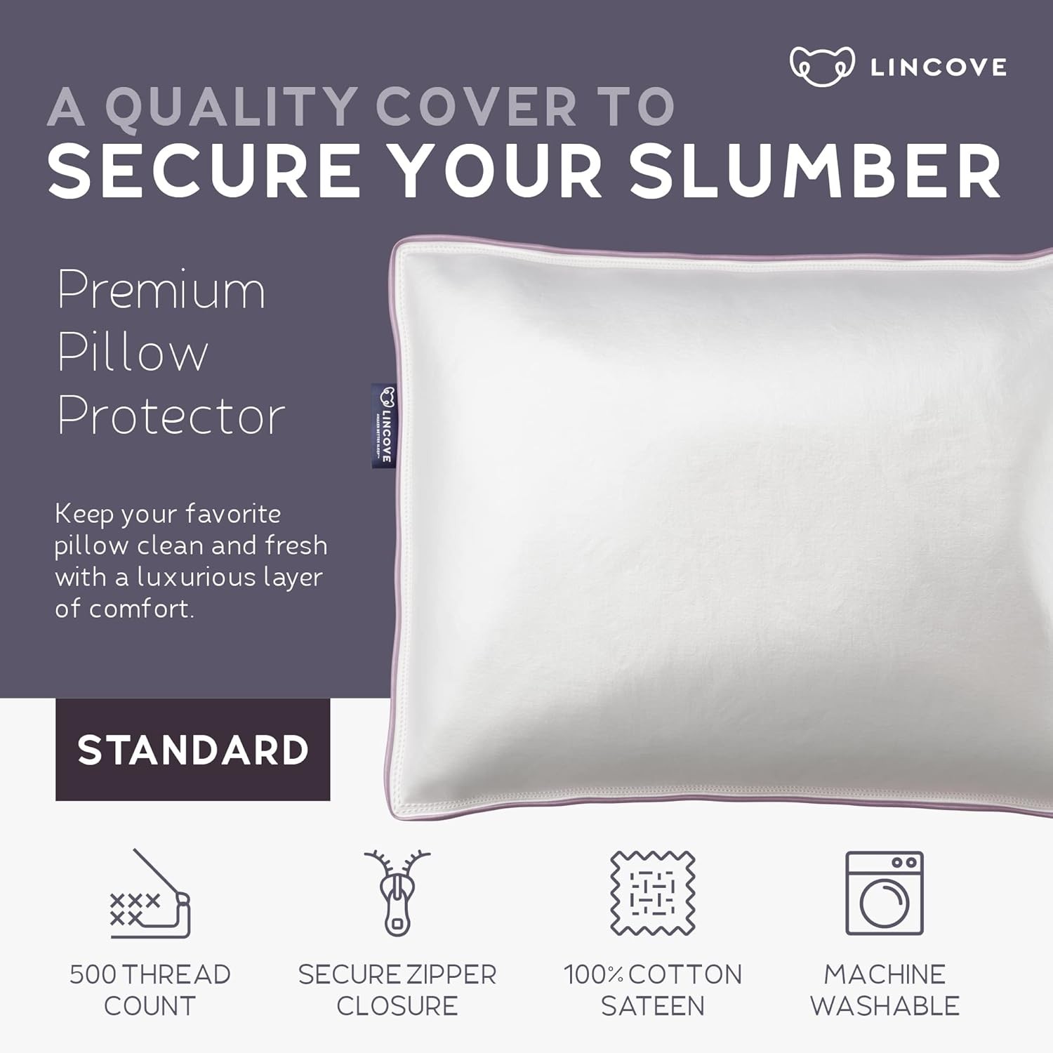 100% Cotton Sateen Pillow Protector Cover - Zipper Pillow Cover - 500 Thread