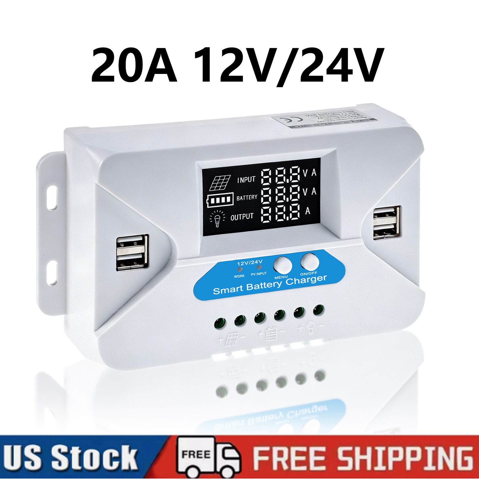 20A 12V/24V Solar Panel Battery Charge Controller LCD Auto Regulator USB port
