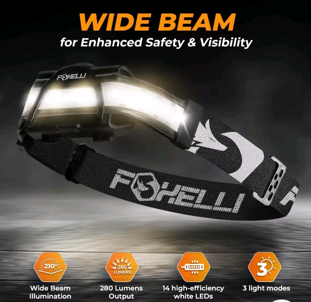 Foxelli Wide Beam Headlamp USB Rechargeable 14 Bright LED,  WB200, 1200mah. C9