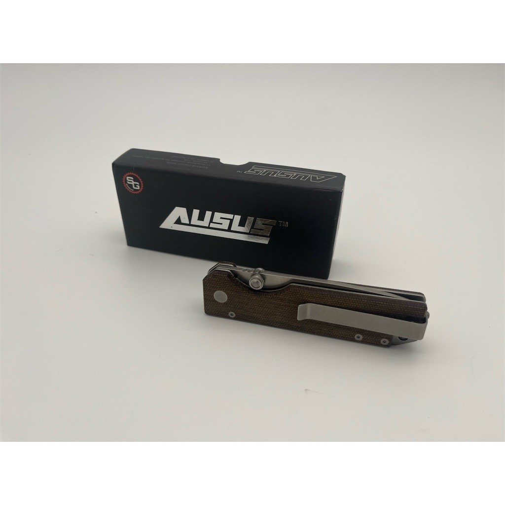 AUSUS D2 Steel Folding Pocket Knife 3.5in Satin Blade Brown Handle w/ Box