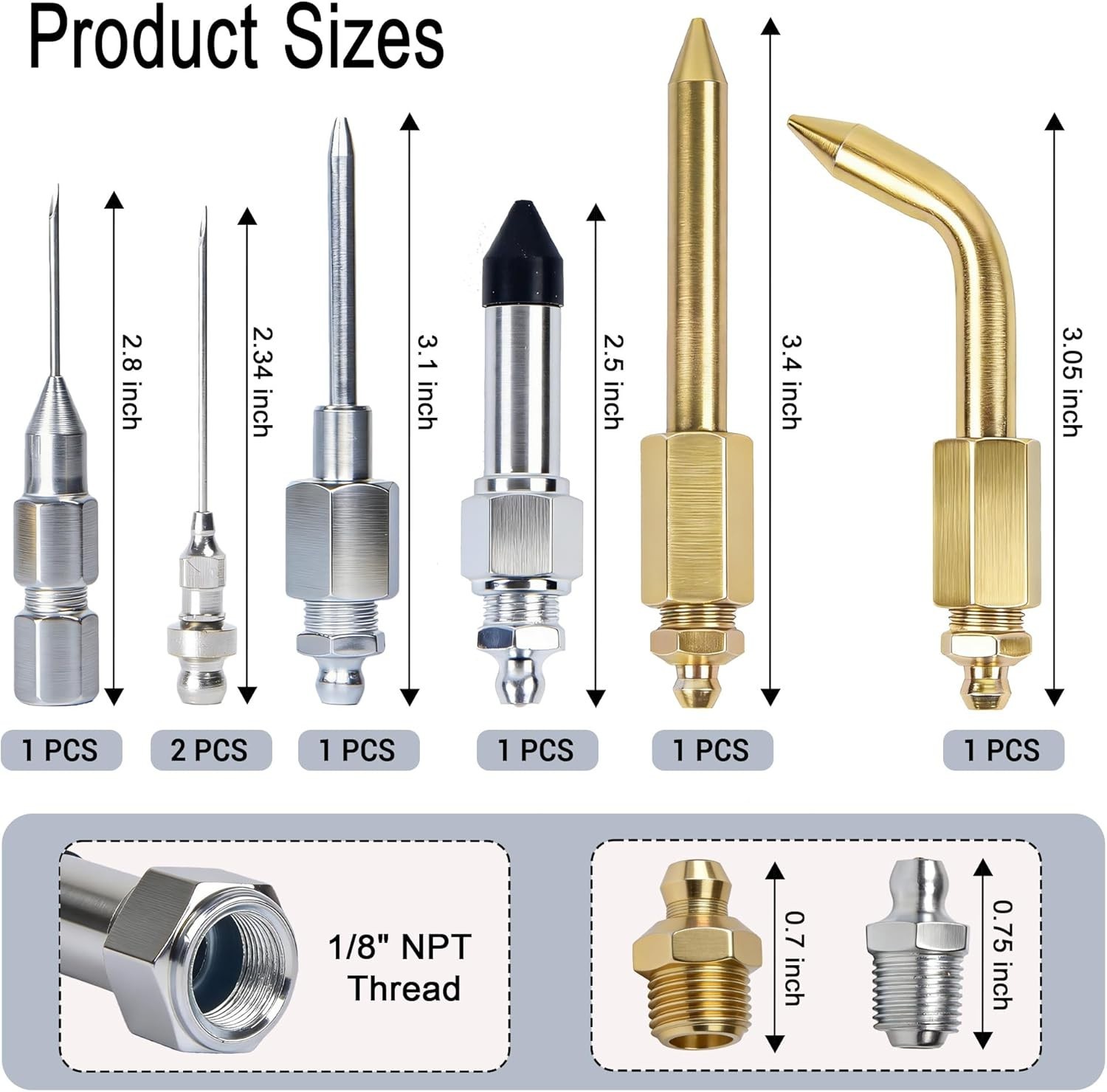 Grease Gun Needle Tip Kit 7PCS Nozzles Adapters Rubber Tip Set