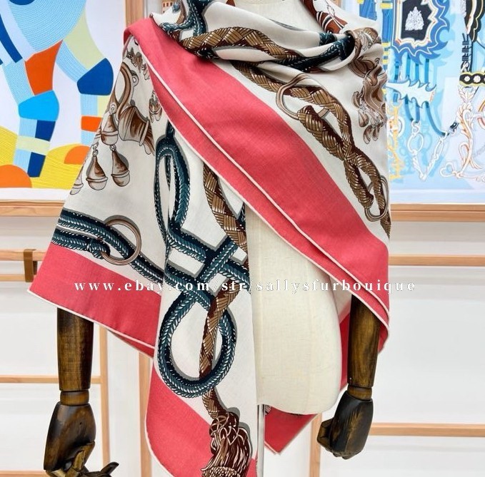 Sallys 70% Cashmere & 30% Silk Horse Tassel Print Double Face Scarf Shawl 53"