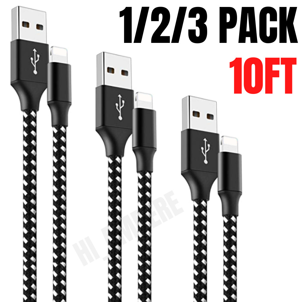 10Ft 1/2/3 Pack Heavy Duty Cable Nylon Cord For Apple iPhone 14 13 12 Pro Max 11