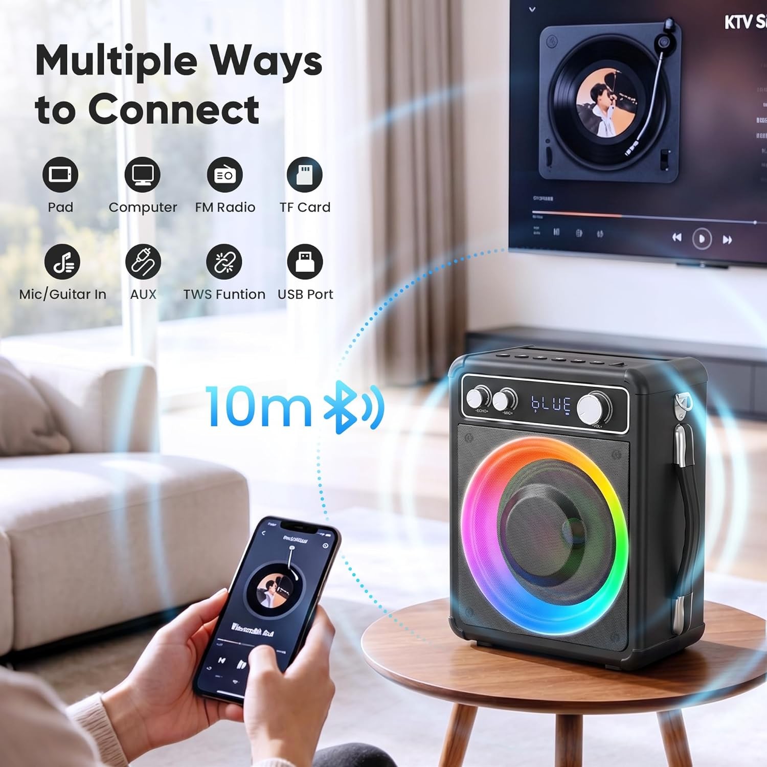 Vosoco Portable Karaoke Machine with 2 Wireless Microphones Bluetooth Speaker