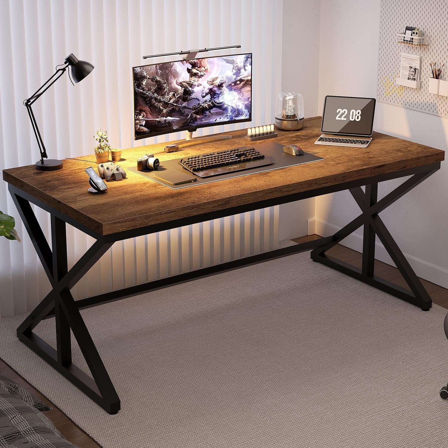 Industrial Computer Desk, Wooden Metal Office Desks Rustic Brown 60 in | Large L