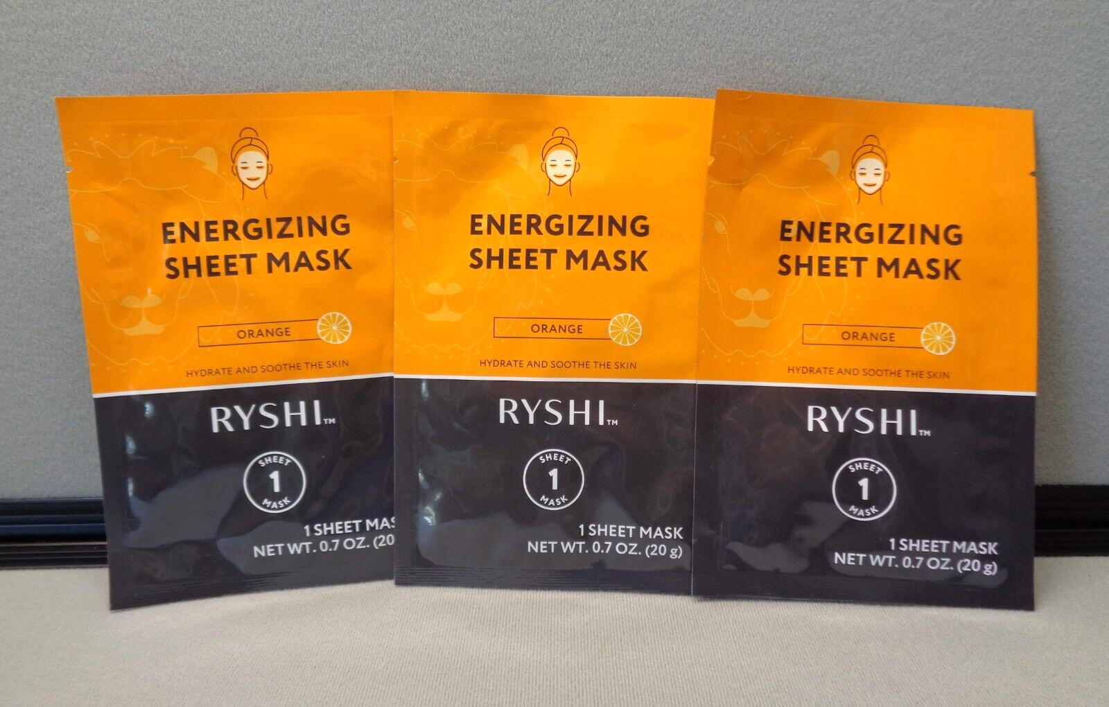 Lot of 3 Packs of RYSHI Energizing Sheet Face Masks- ORANGE- Hydrate and Soothe