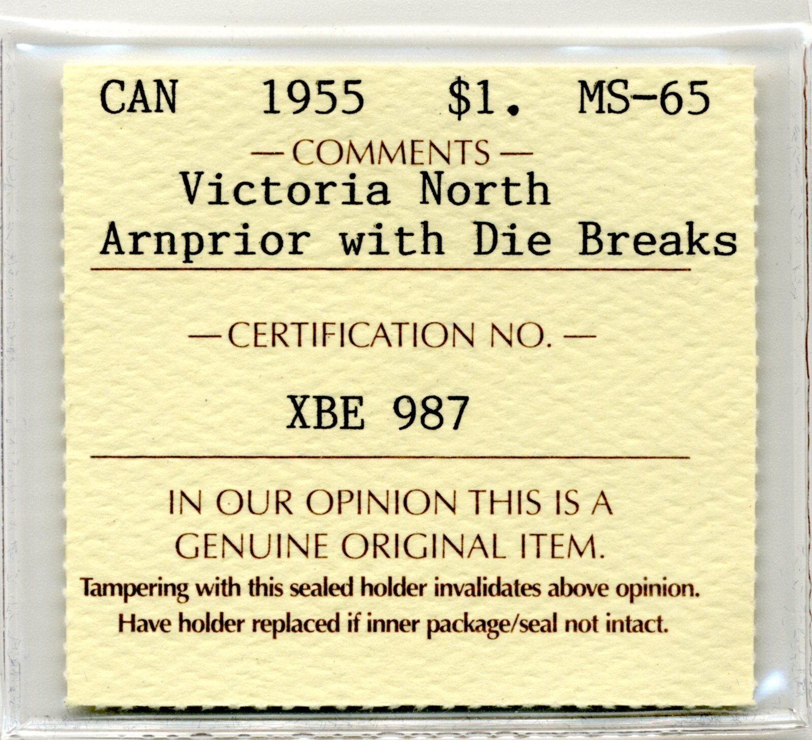 1955 Canada Silver Dollar ARNPRIOR with Die Break - ICCS GEM Uncirculated MS 65