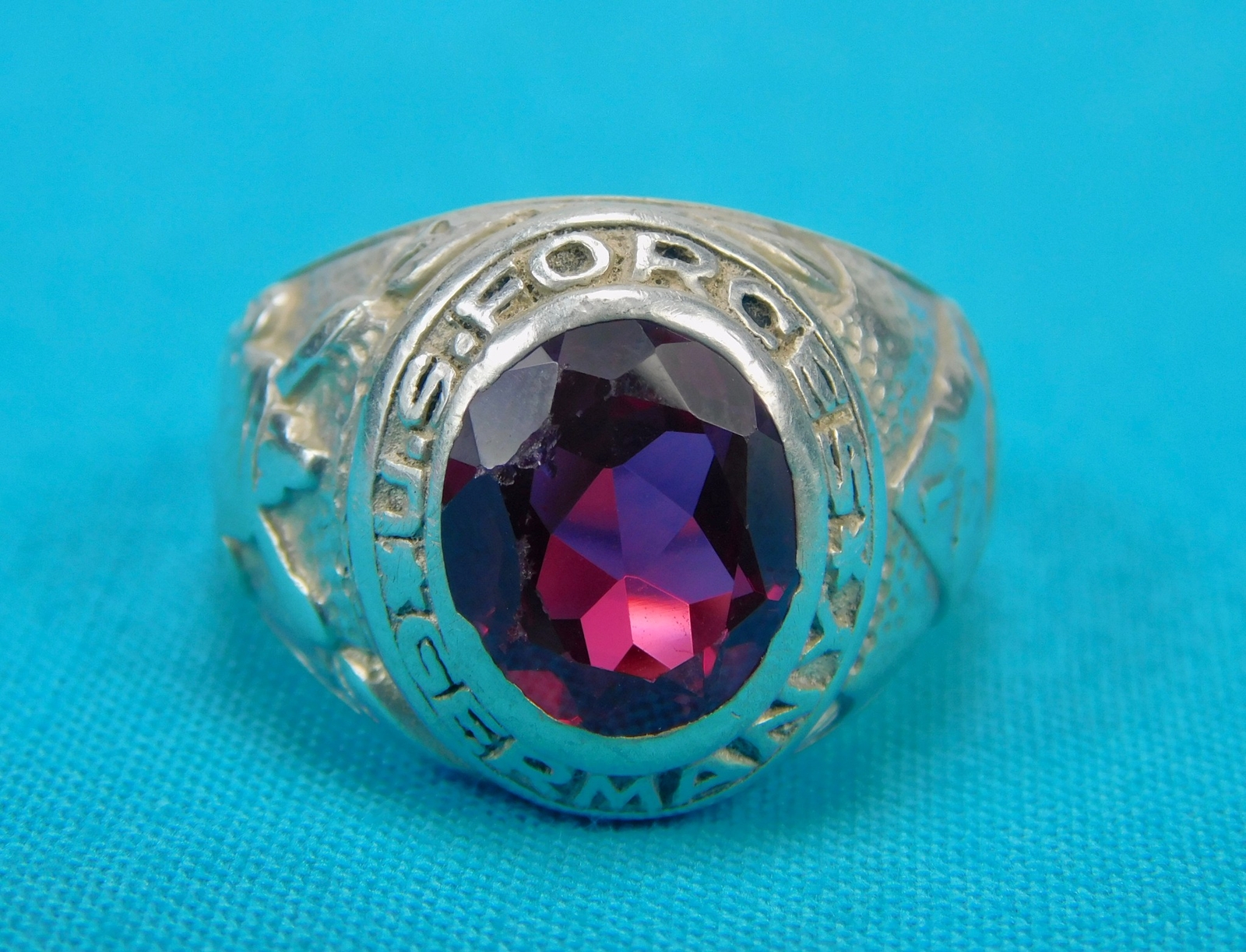 US WW2 Vintage Sterling Silver German Forces Ring Red Stone