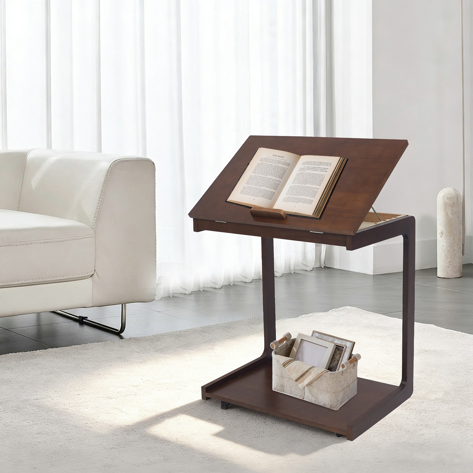 C-Shaped Wooden Side Table Sofa Side Table Rolling Side Table w/Flip Desktop
