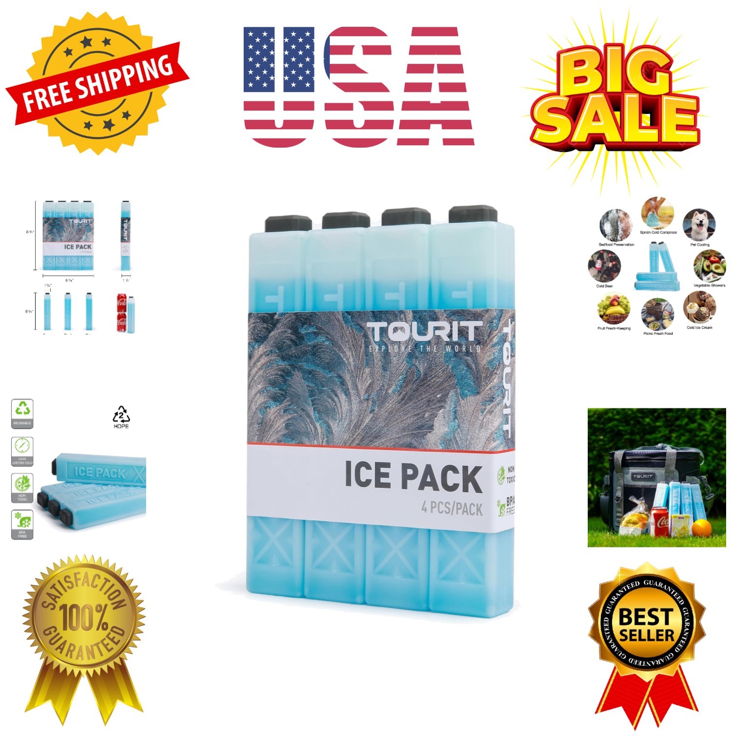Ice Packs for Coolers Reusable Long Lasting Freezer Packs for Lunch Bags/Boxe...