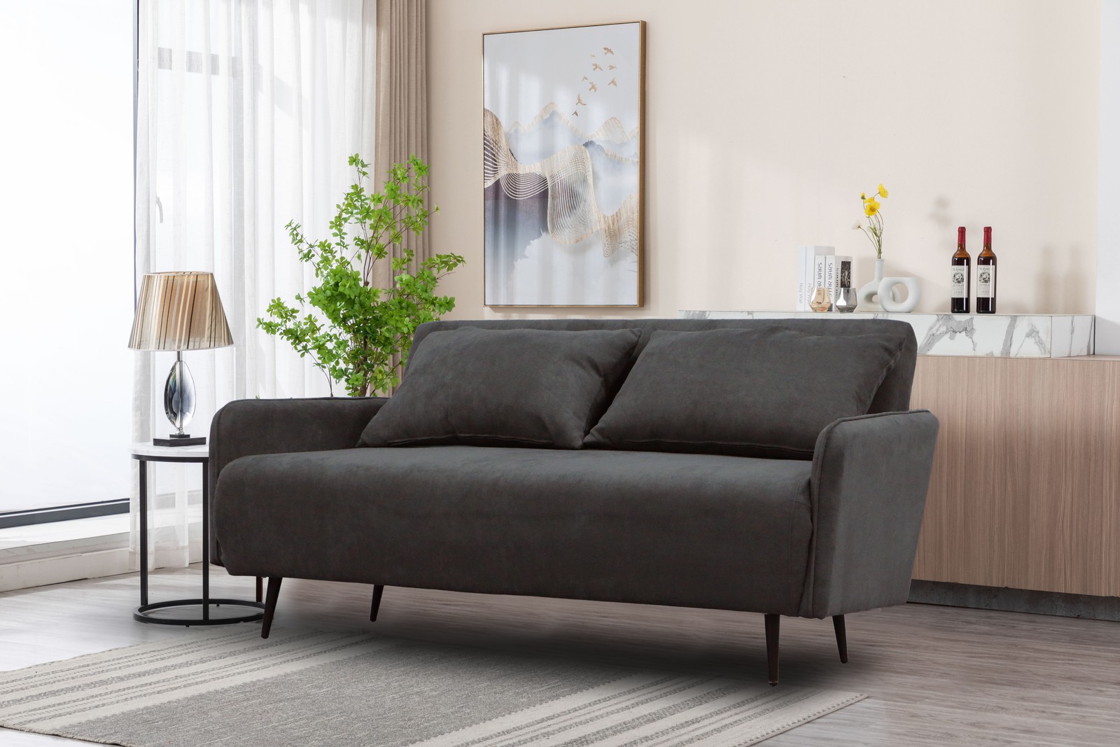 61"W Black Fabric Convertible Loveseat Sleeper with Pillows