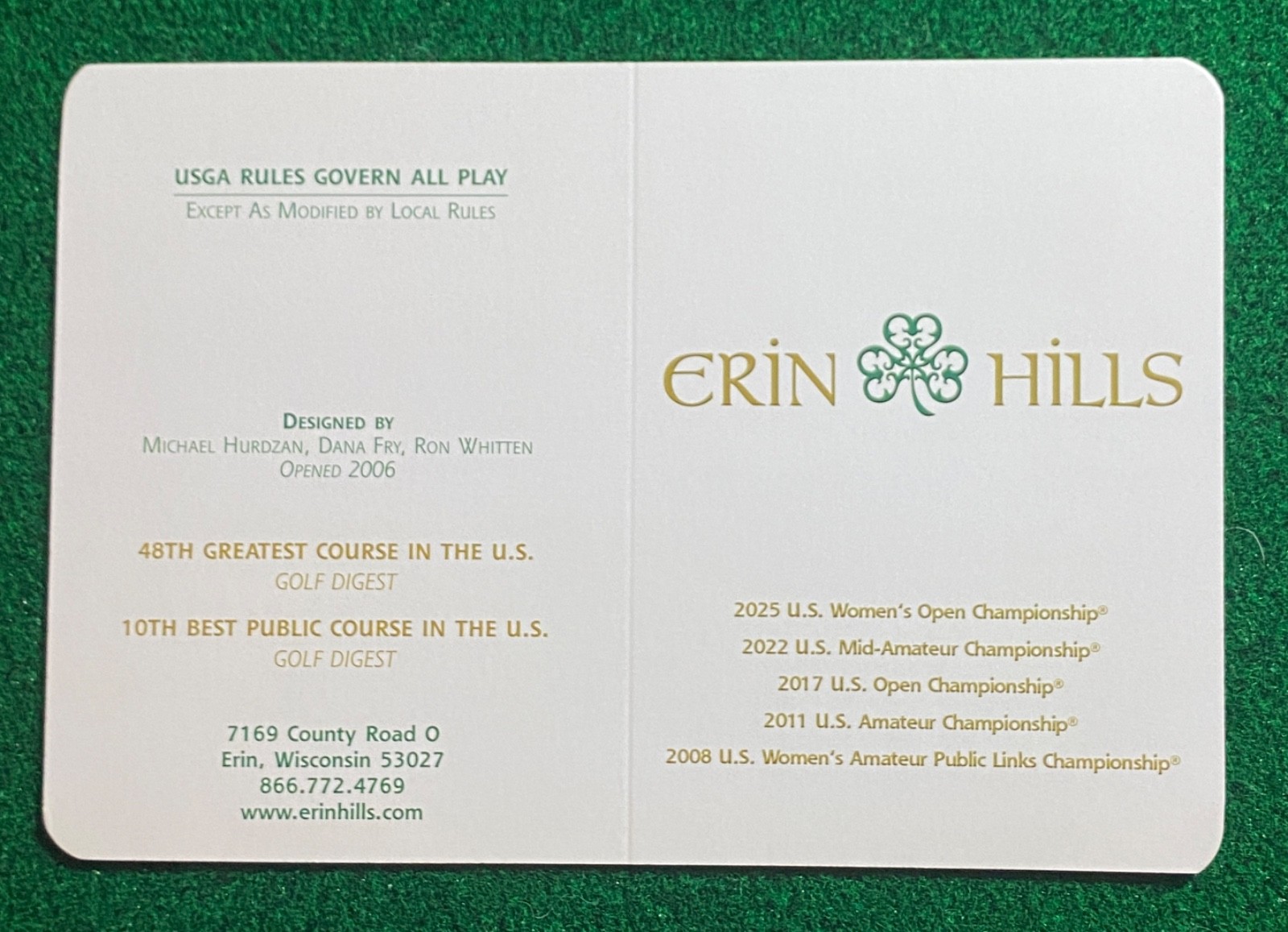 Erin Hills Golf Scorecard (New & Unused) US Open
