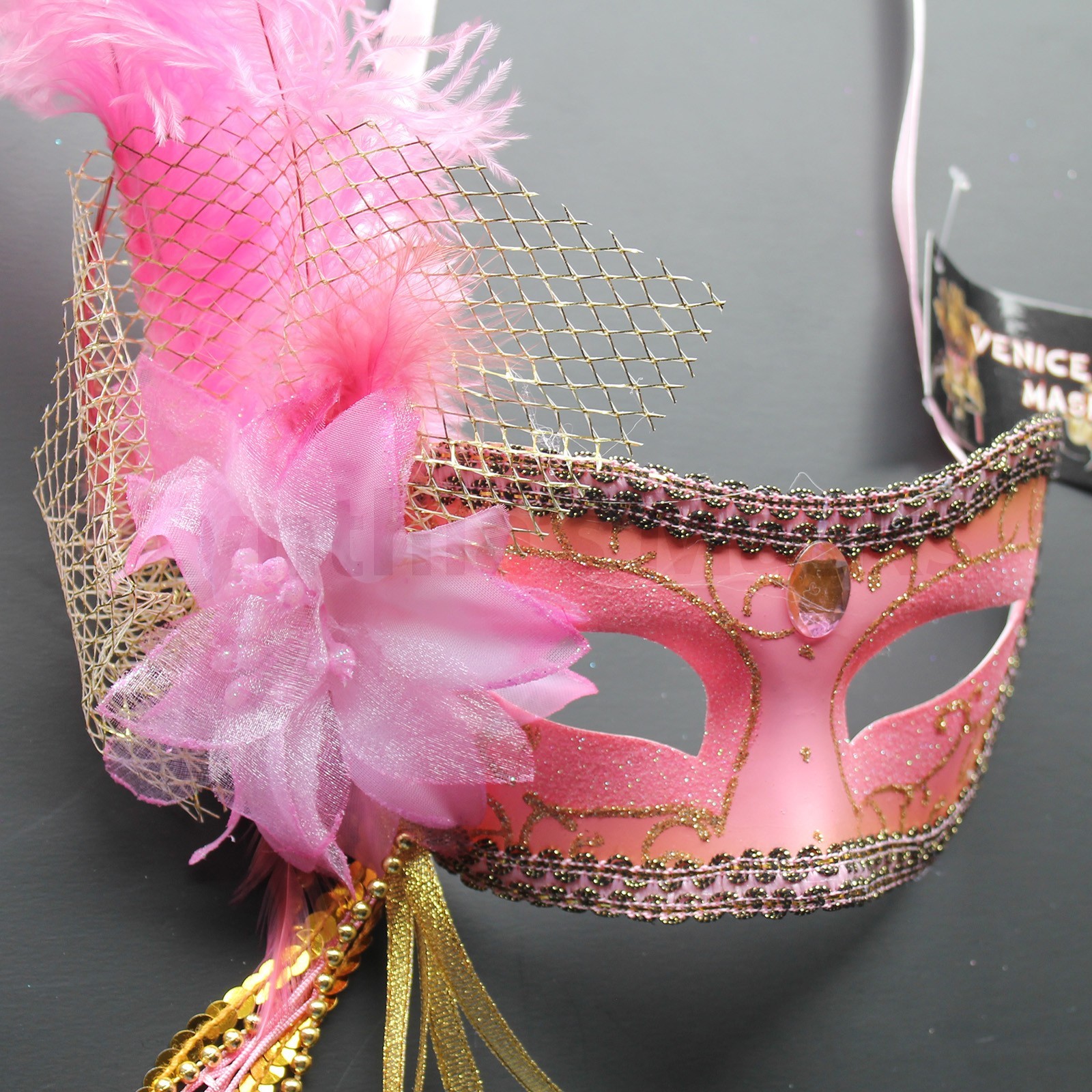 Hot Pink Venetian Masquerade Mask w/Ostrich Feathers Party Prom Halloween