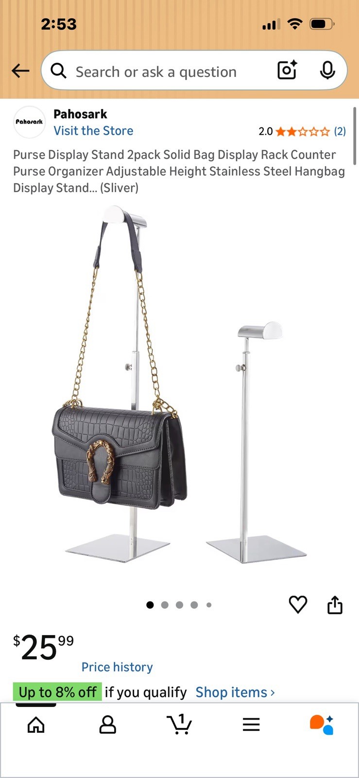 Pahosark Adjustable Stainless Steel Purse Display Stand 2 Pack 1 Silver 1 Gold