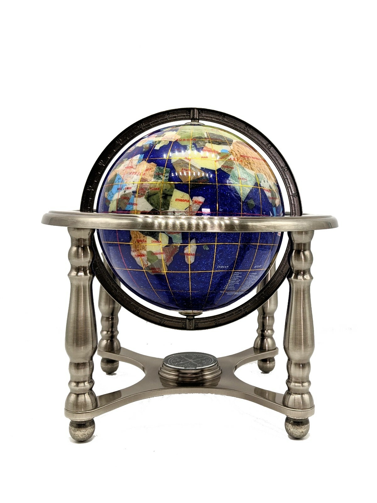 10" Tall Table Blue Crystallite Ocean Gemstone World Globe with 4LG Silver Stand