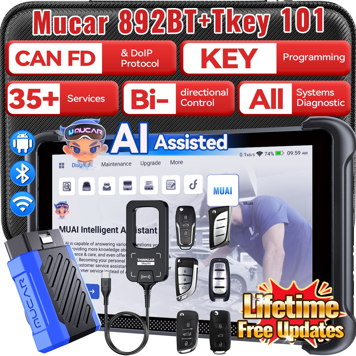 Mucar 892BT AI Assisted Car Diagnostic Tool Auto Scanner with Thincar Tkey 101