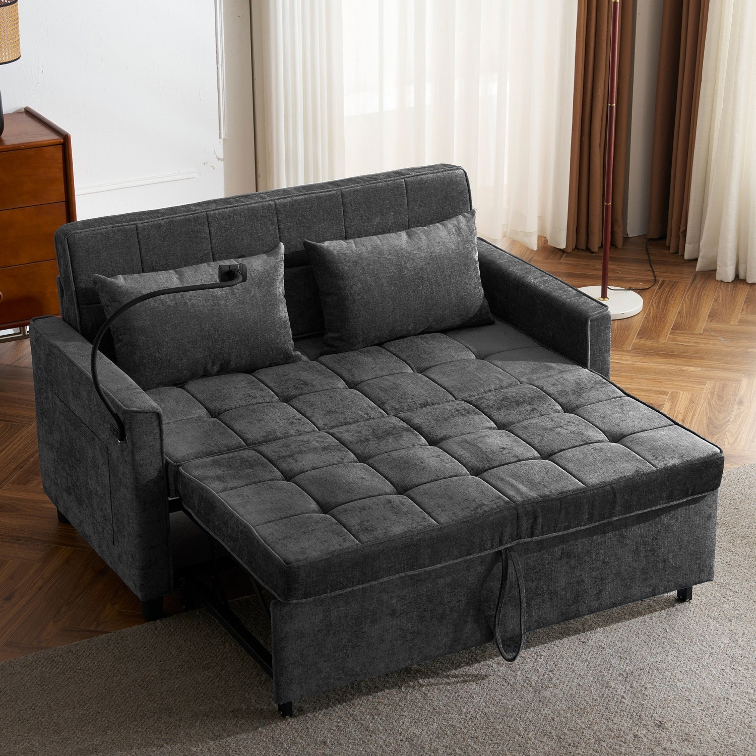 56.9'' Convertible Sleeper Sofa Bed Loveseat Sofa w/ Pull Out Bed & USB Ports