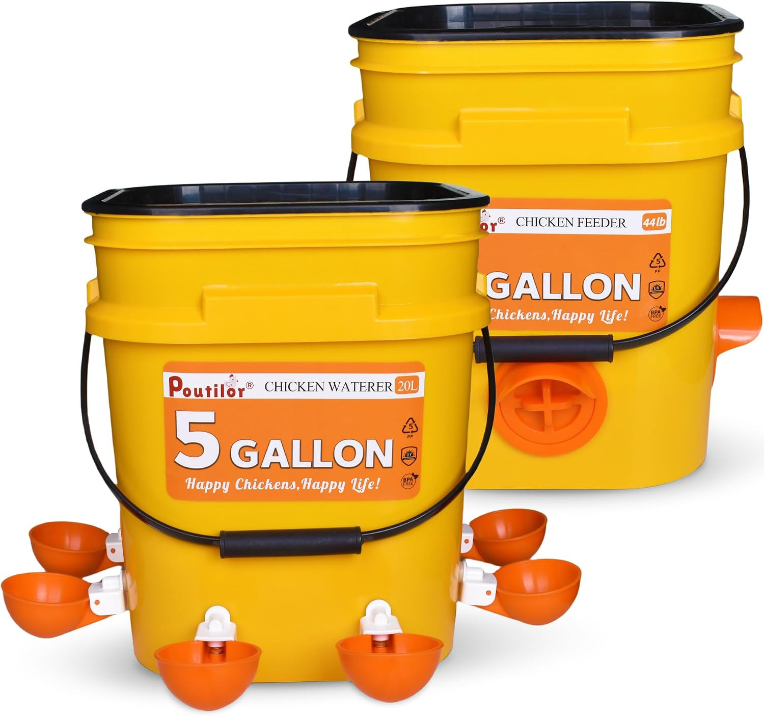 5 Gallon/44 Lbs Automatic Chicken Feeder & Waterer Set with Buckets, No Waste Fe