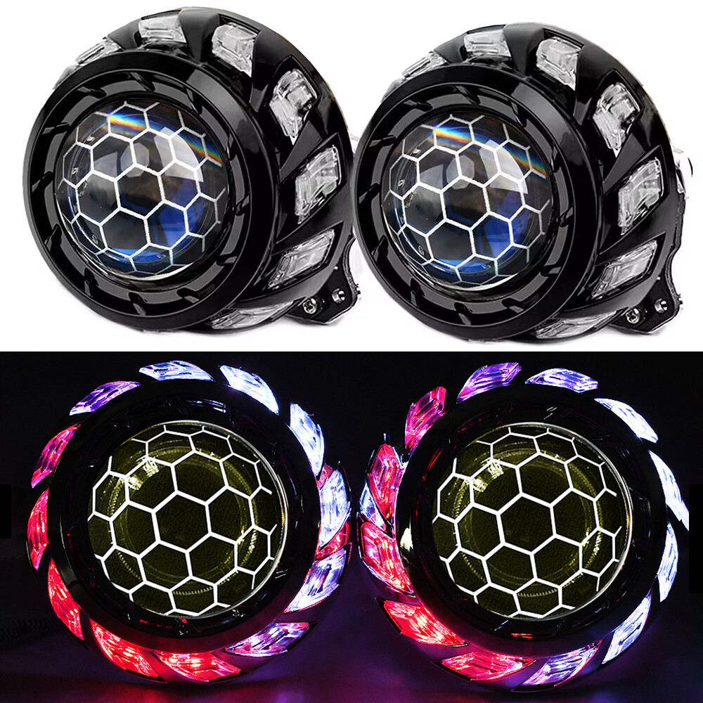 2x 3.0" Bi LED Projector Honeycomb Lens Headlight 70W 6000K Black RGB Shrouds