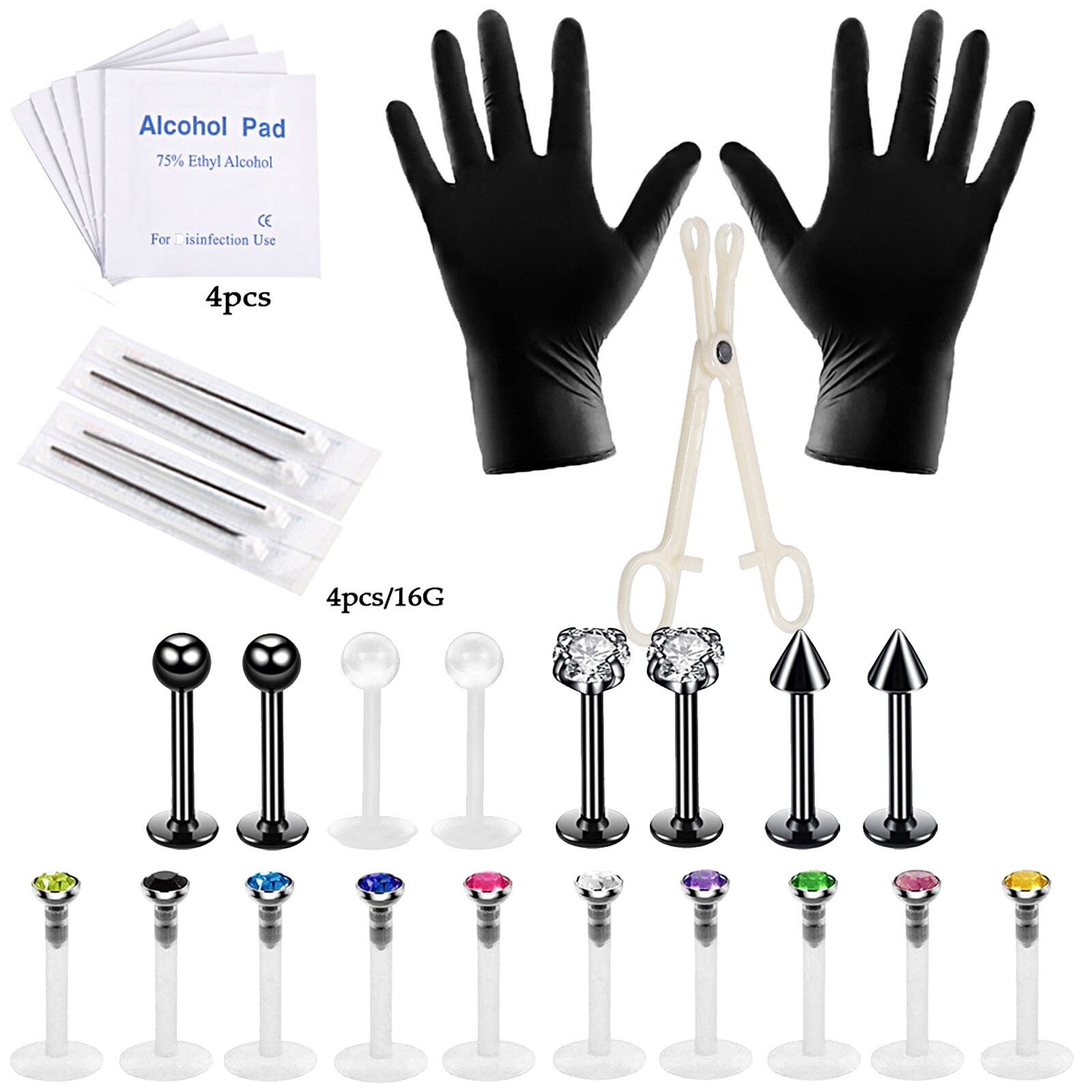 10-29Pcs Body Piercing Tools Kit Labret Lip Ring Clear Retainers Needles Set 16G