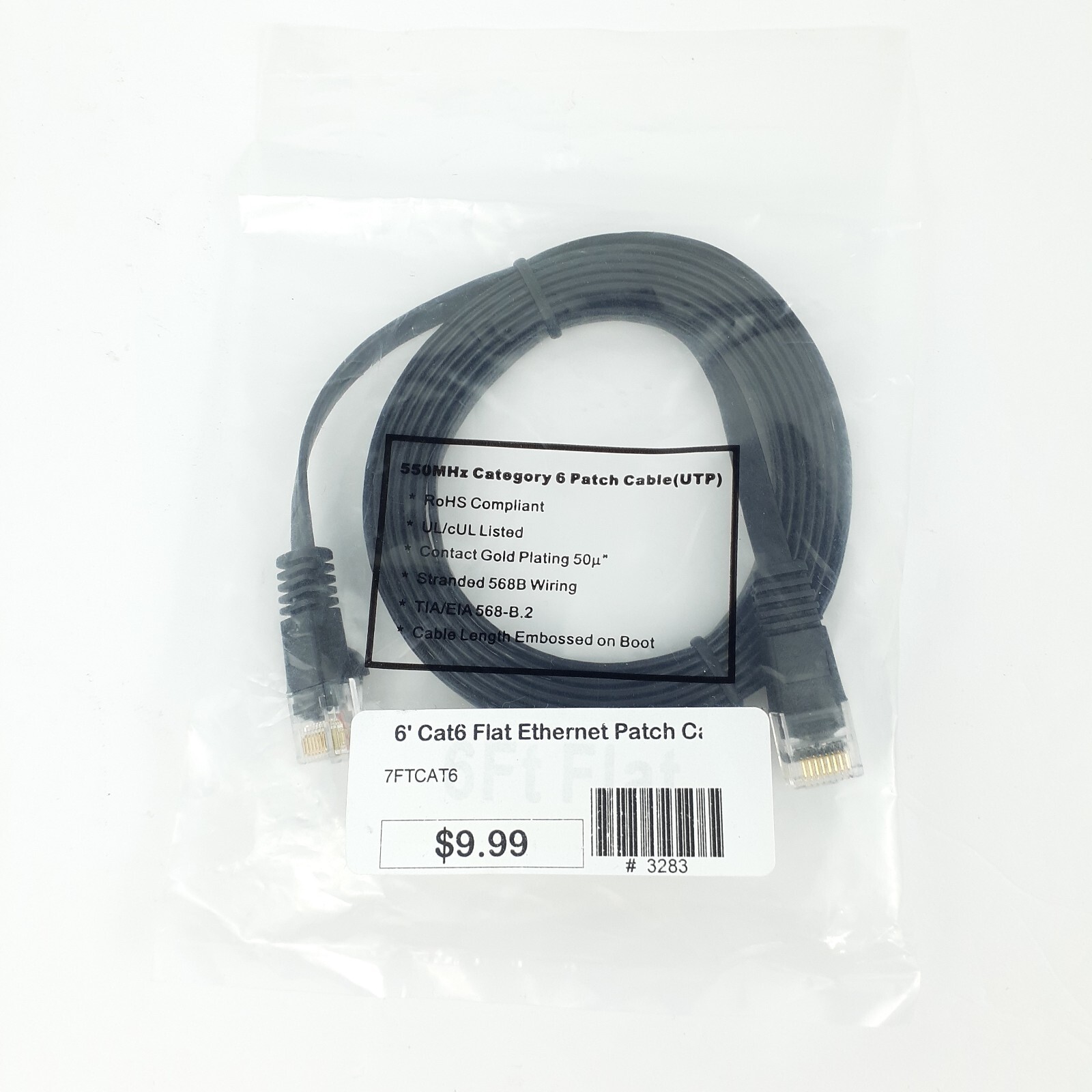 Flat Cat6 Ethernet Patch Cable 6ft Cord Wire Black RJ45