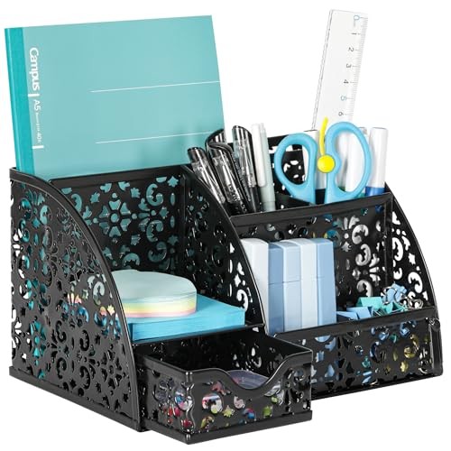 Pen Holder Desk Organizer with Drawer Pencil Cup for Desk 6 Z Style Black
