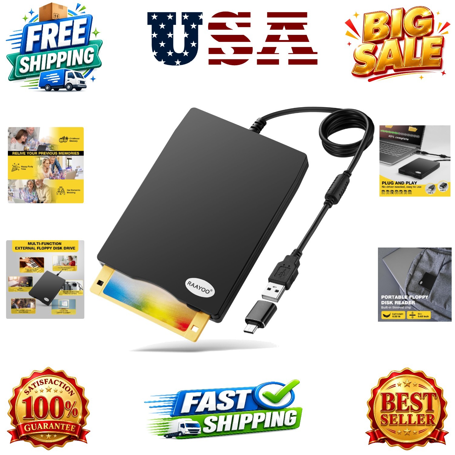 USB Floppy Disk Reader, 3.5 inch External Portable 1.44 MB FDD Floppy Disk Dr...