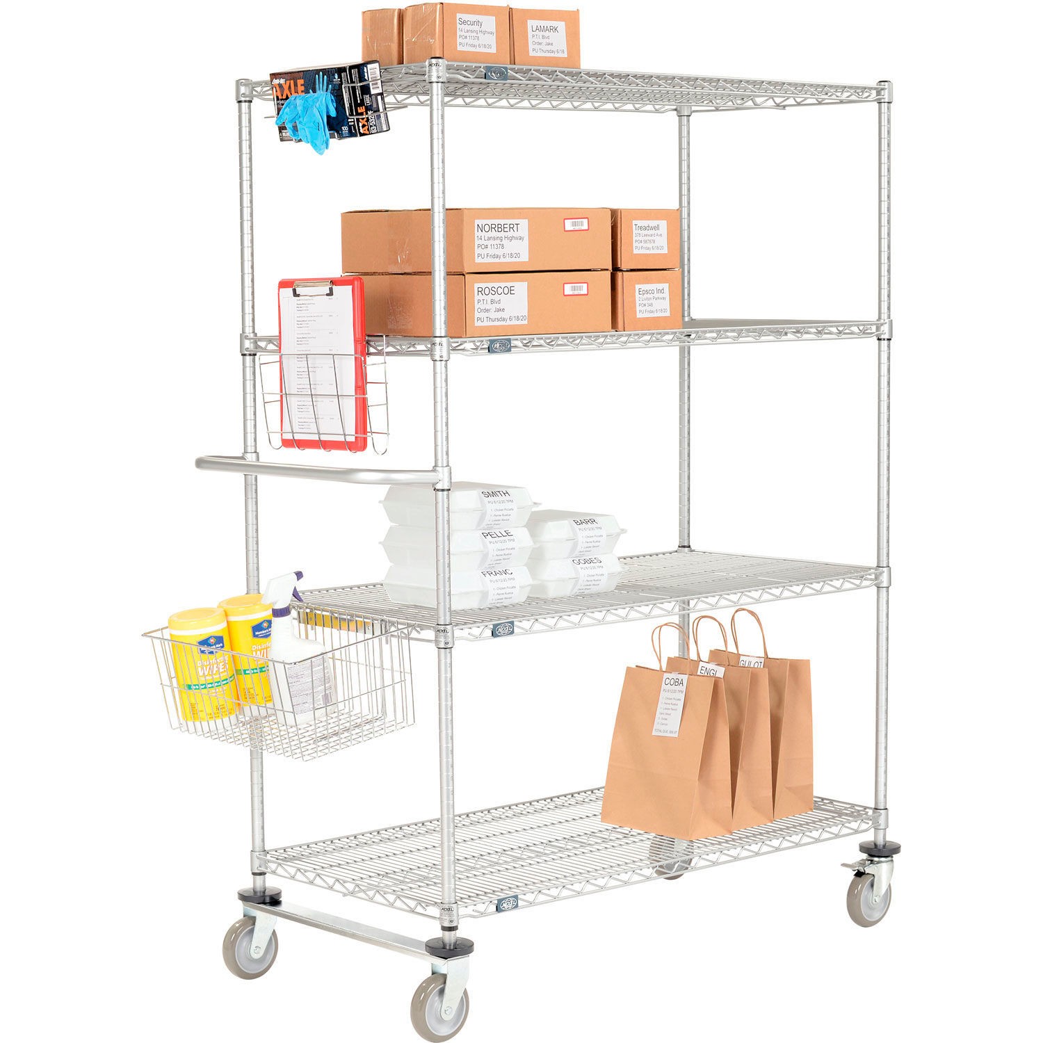 Nexel Chrome Curbside Wire Truck w/4 Shelves  Polyurethane Casters 24"L x 18"W x