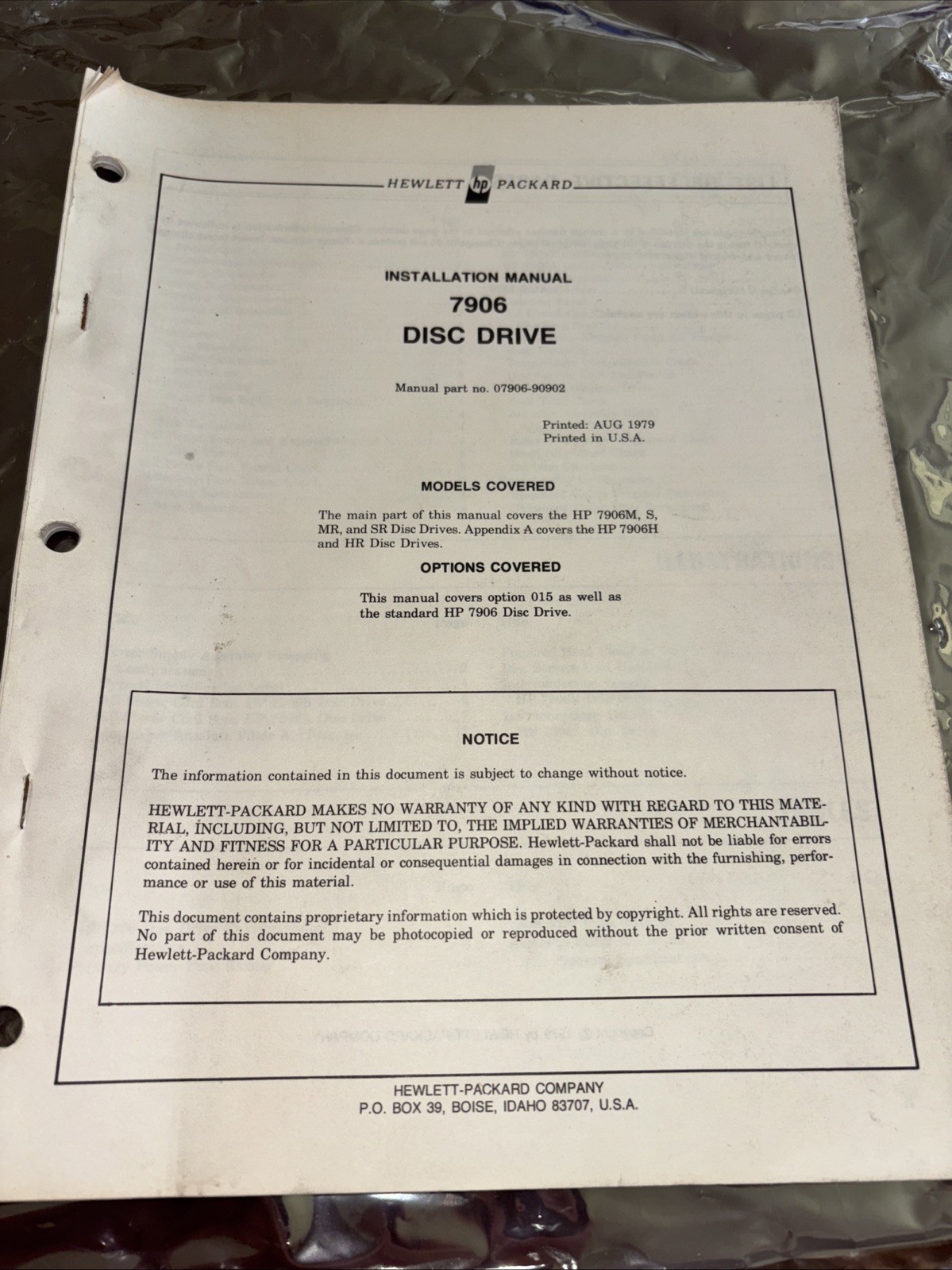 HEWLETT PACKARD HP INSTALLATION MANUAL 7906 DISC DRIVE 07906-90902