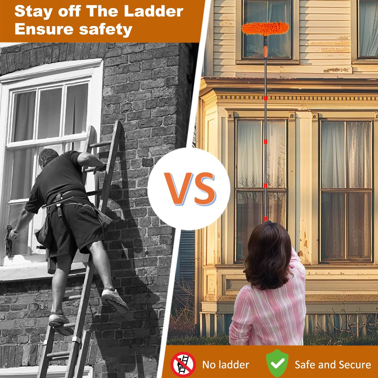 20 ft+ Reach Squeegee Window Cleaner Duster 2 in 1 Rotatable Orange