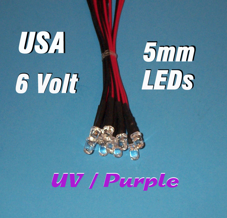 10 x LED - 5mm PRE WIRED 6 VOLT UV PURPLE 6V DC  PREWIRED