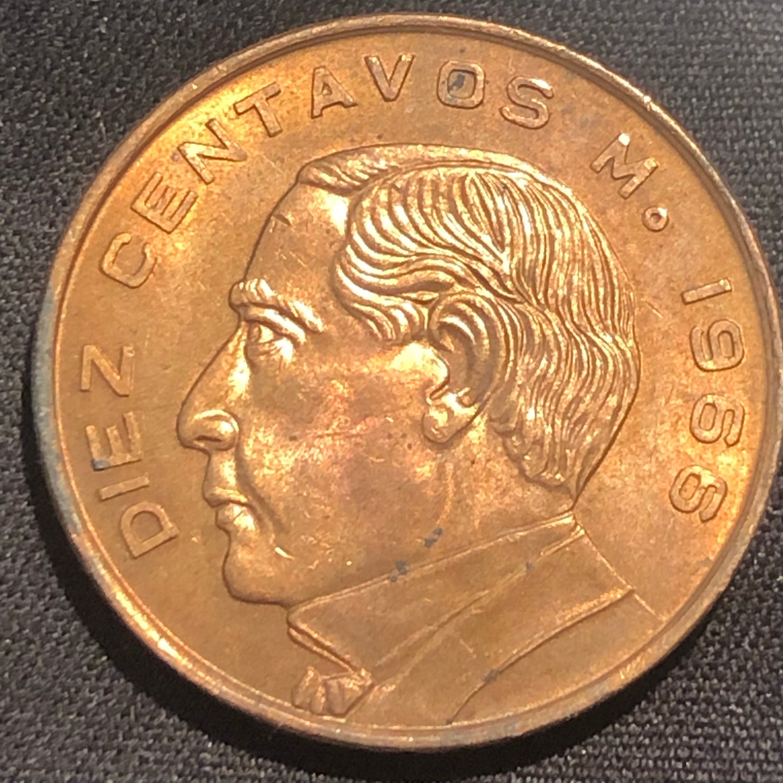 1966 Mexico 10 Centavos Bronze Coin - AU (About Uncirculated) conditio
