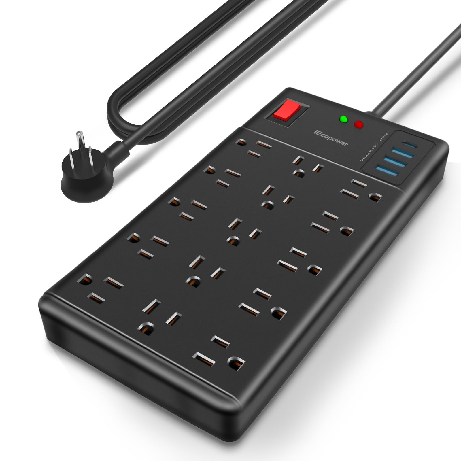 Surge Protector Power Strip-15 Widely Spaced Outlets and 4 USB 5FT, Black