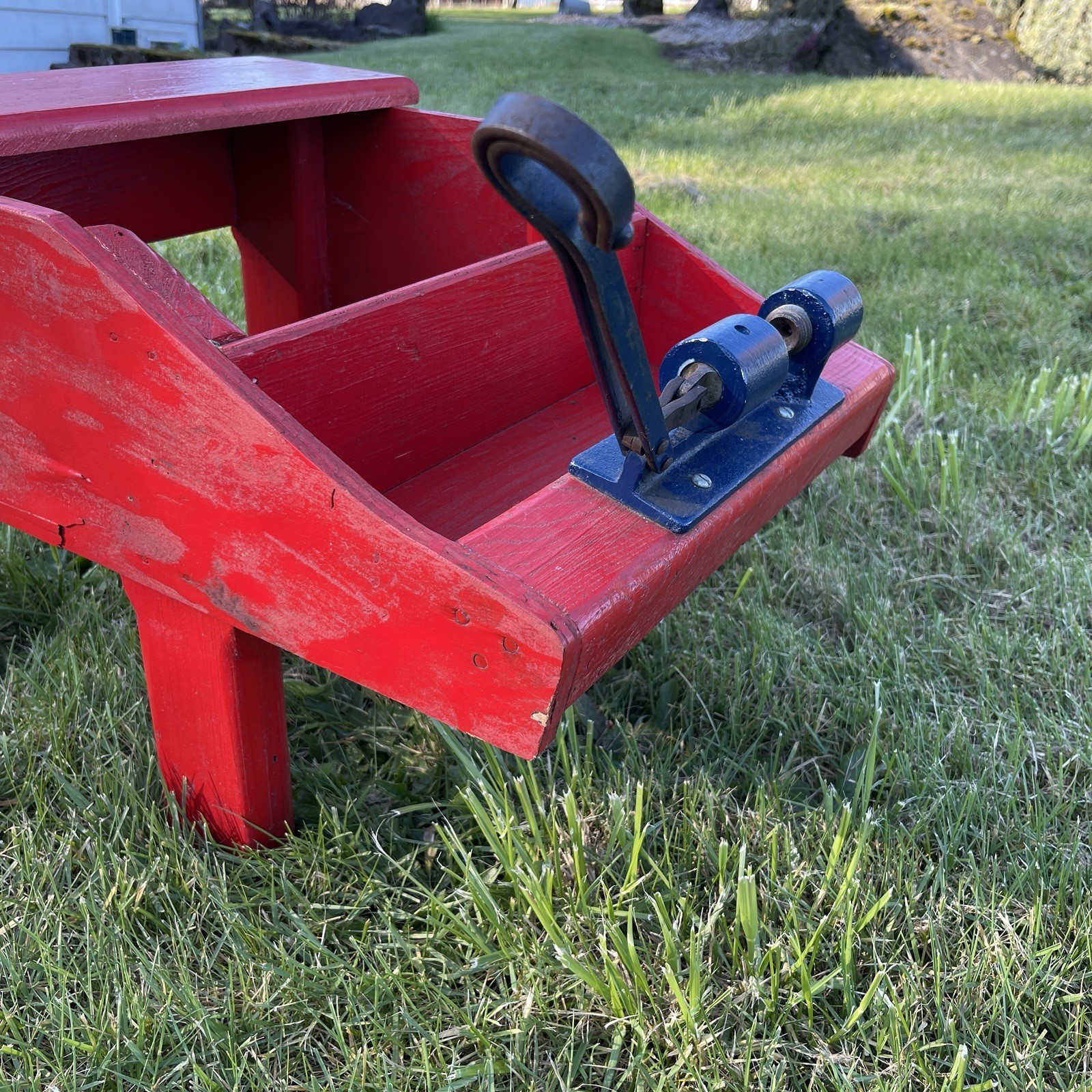 Vintage Red Wood Bench w/ Walnut Nut Cracker Attachment