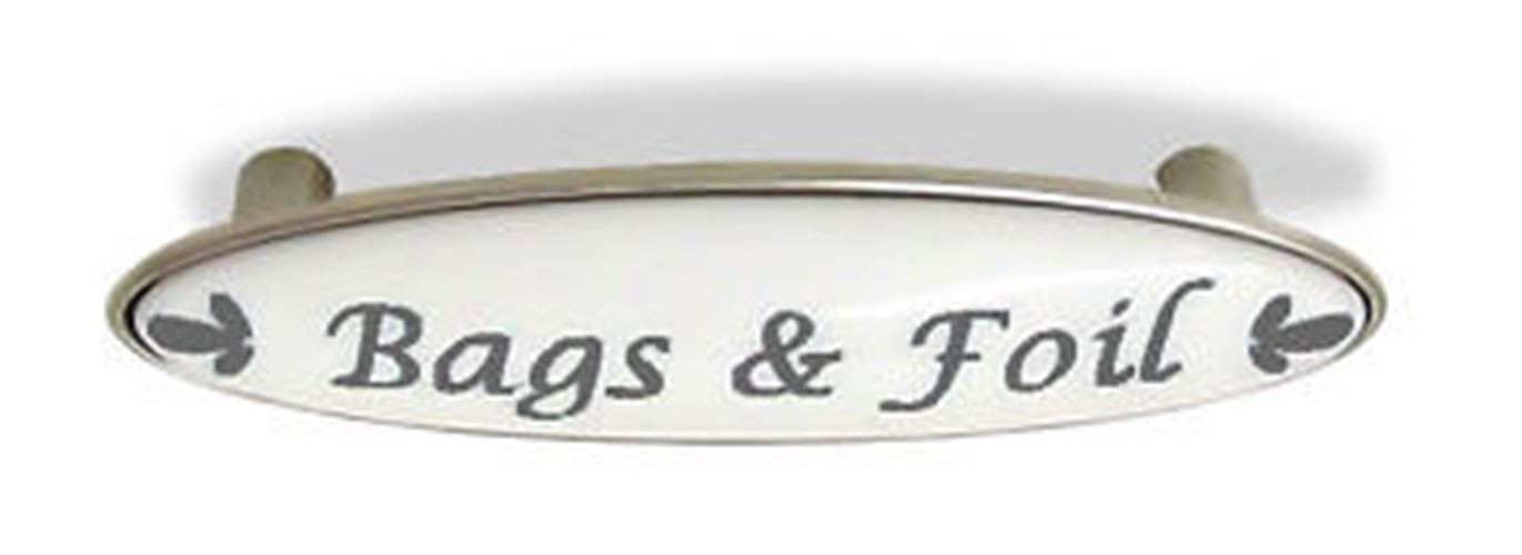 3" Bags & Foil Drawer Pull Blue-Gray Script & Satin Nickel